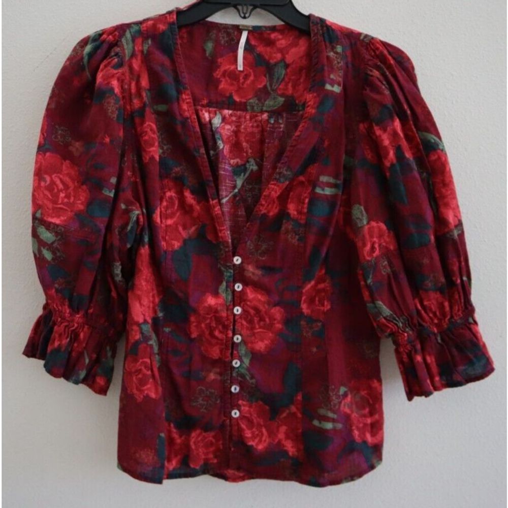 Free People OB1418154 Women's Sz Large Wine Floral Print I Found You Top